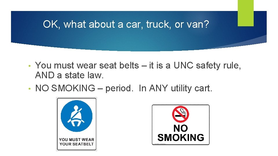 OK, what about a car, truck, or van? You must wear seat belts –