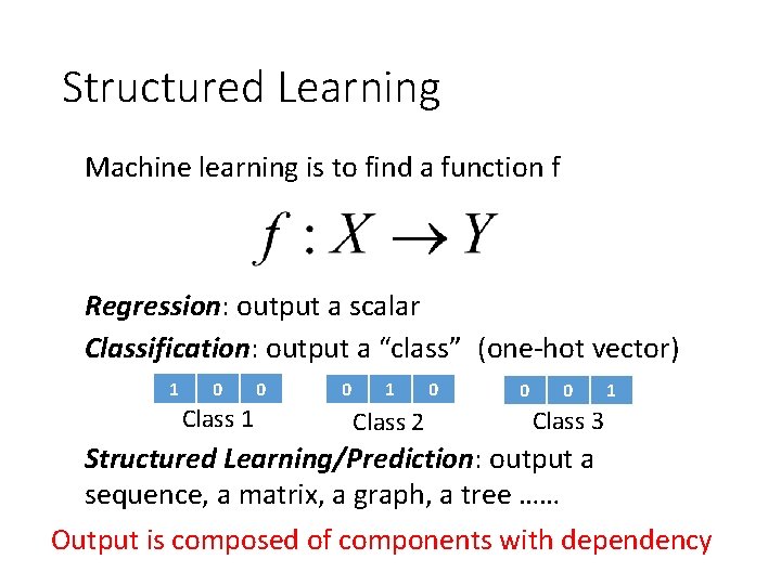 Structured Learning Machine learning is to find a function f Regression: output a scalar