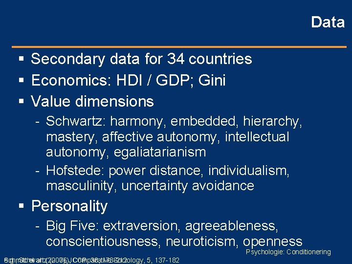 Data Secondary data for 34 countries Economics: HDI / GDP; Gini Value dimensions -