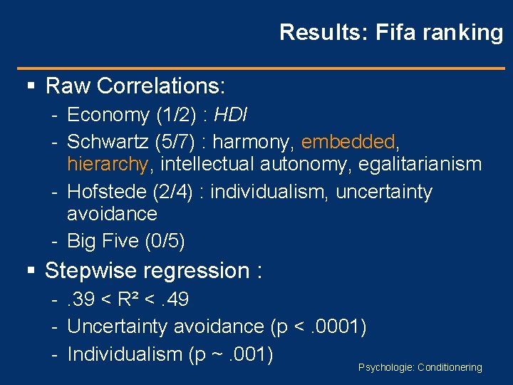 Results: Fifa ranking Raw Correlations: - Economy (1/2) : HDI - Schwartz (5/7) :