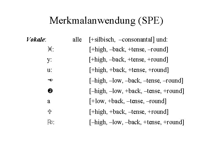 Merkmalanwendung (SPE) Vokale: alle [+silbisch, –consonantal] und: i: [+high, –back, +tense, –round] y: [+high,