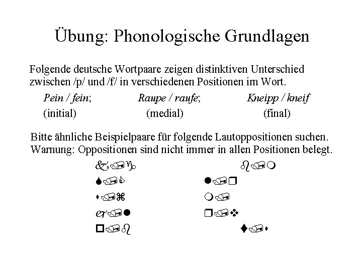 Übung: Phonologische Grundlagen Folgende deutsche Wortpaare zeigen distinktiven Unterschied zwischen /p/ und /f/ in