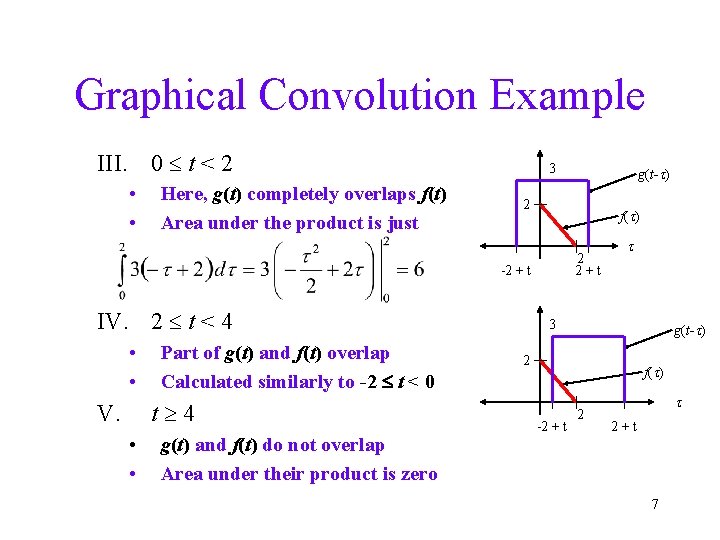 Graphical Convolution Example III. 0 t < 2 • • Here, g(t) completely overlaps