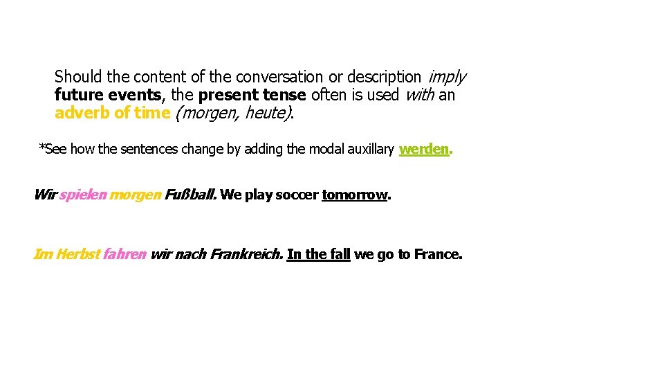 Should the content of the conversation or description imply future events, the present tense