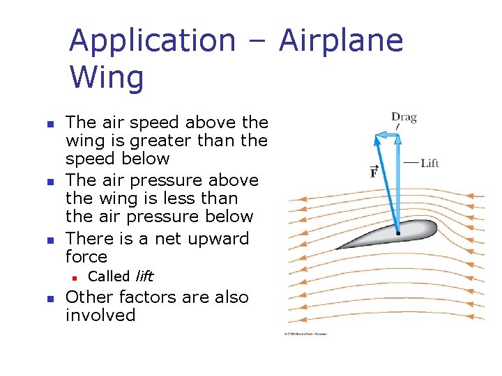 Application – Airplane Wing n n n The air speed above the wing is