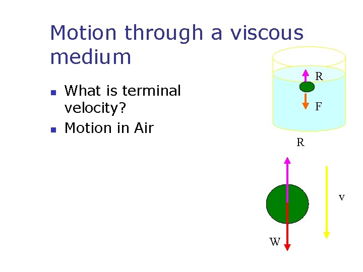 Motion through a viscous medium n n R What is terminal velocity? Motion in