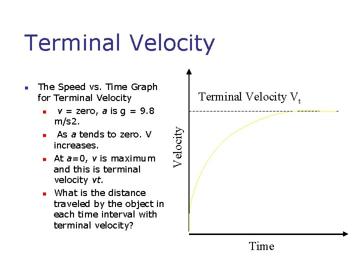 Terminal Velocity The Speed vs. Time Graph for Terminal Velocity n v = zero,