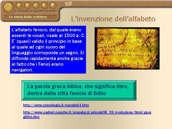 La storia della scrittura L’invenzione dell’alfabeto L’alfabeto fenicio, dal quale erano assenti le vocali,