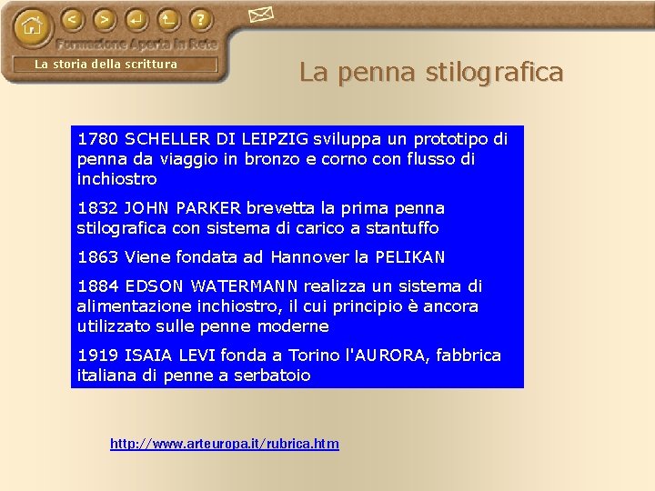 La storia della scrittura La penna stilografica 1780 SCHELLER DI LEIPZIG sviluppa un prototipo