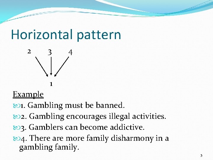 Horizontal pattern 2 3 4 1 Example 1. Gambling must be banned. 2. Gambling