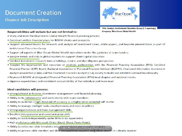 Document Creation Finance Job Description 