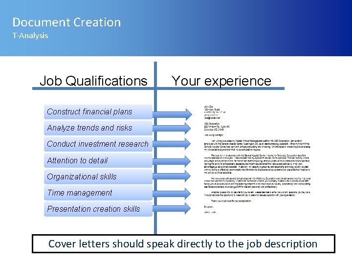 Document Creation T-Analysis Job Qualifications Your experience Construct financial plans Analyze trends and risks