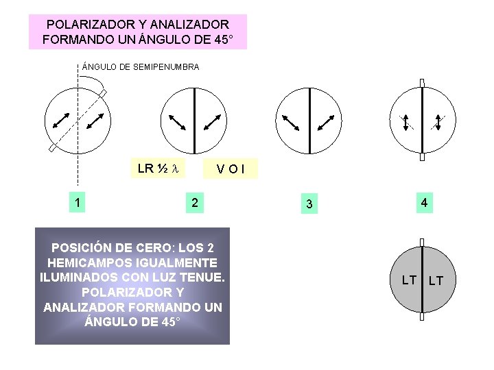 POLARIZADOR Y ANALIZADOR FORMANDO UN ÁNGULO DE 45° ÁNGULO DE SEMIPENUMBRA LR ½ 1