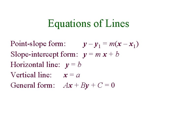 Equations of Lines Point-slope form: y – y 1 = m(x – x 1)