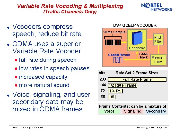 Variable Rate Vocoding & Multiplexing (Traffic Channels Only) l l l Vocoders compress speech,