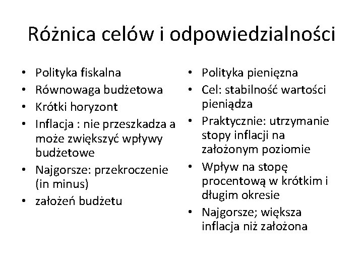 Różnica celów i odpowiedzialności Polityka fiskalna Równowaga budżetowa Krótki horyzont Inflacja : nie przeszkadza