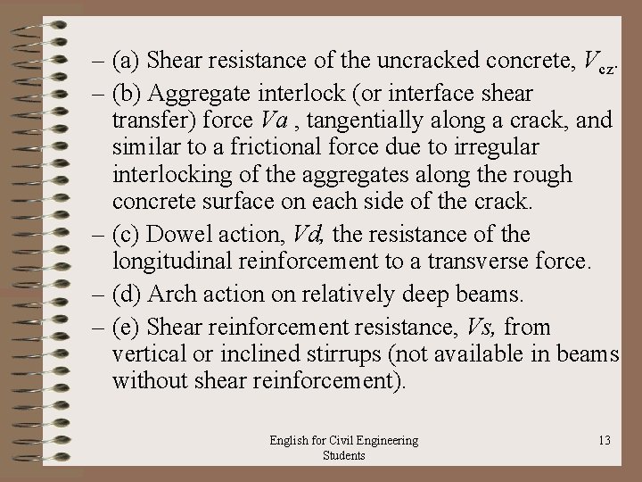 – (a) Shear resistance of the uncracked concrete, Vcz. – (b) Aggregate interlock (or