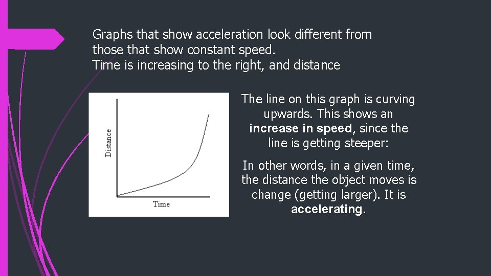 Graphs that show acceleration look different from those that show constant speed. Time is