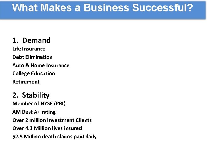 What Makes a Business Successful? 1. Demand Life Insurance Debt Elimination Auto & Home