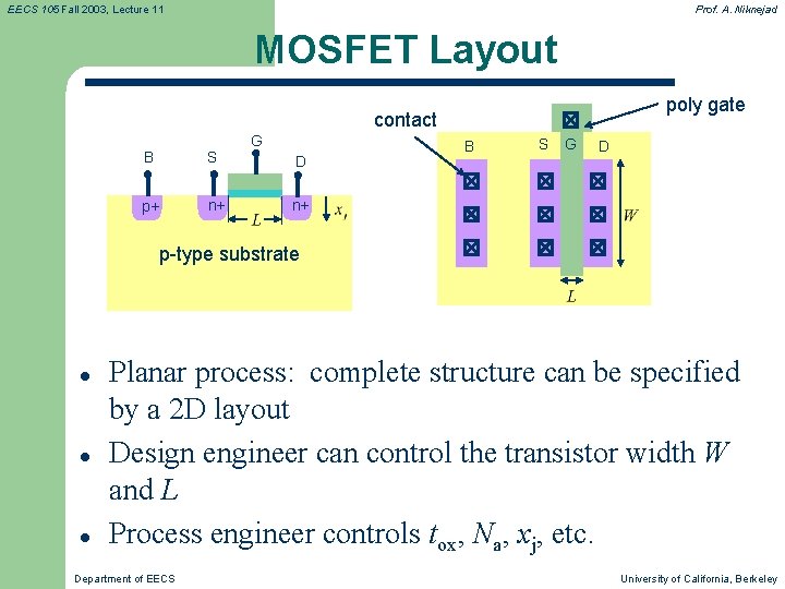 Poy Gate Module Semiconductor EECS 105 Fall 2003 Lecture 11 MOS Transistor