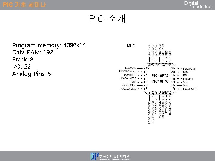 PIC 기초 세미나 PIC 소개 Program memory: 4096 x 14 Data RAM: 192 Stack: