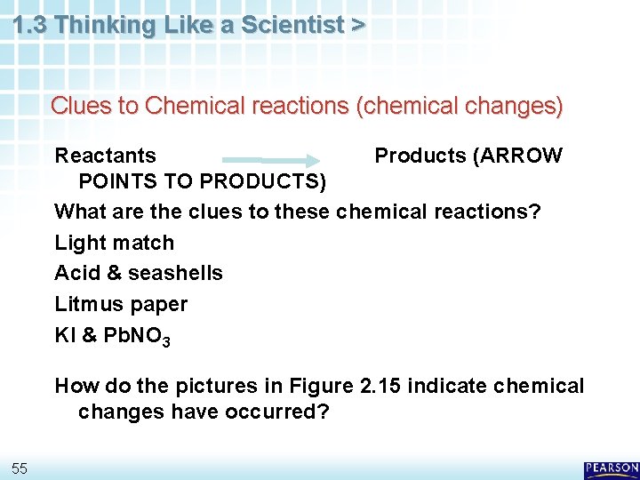 1. 3 Thinking Like a Scientist > Clues to Chemical reactions (chemical changes) Reactants