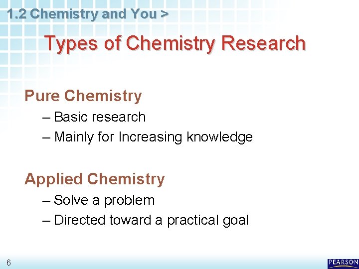1. 2 Chemistry and You > Types of Chemistry Research Pure Chemistry – Basic