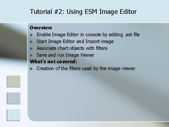 Tutorial #2: Using ESM Image Editor Overview n Enable Image Editor in console by