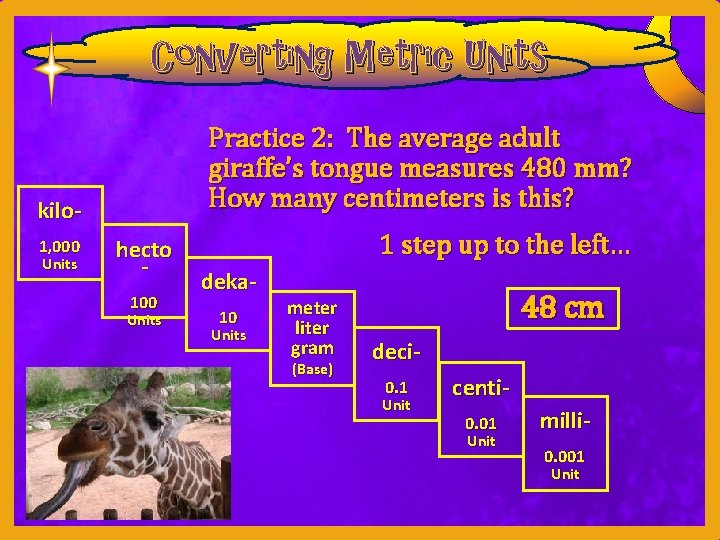 Converting Metric Units Practice 2: The average adult giraffe’s tongue measures 480 mm? How