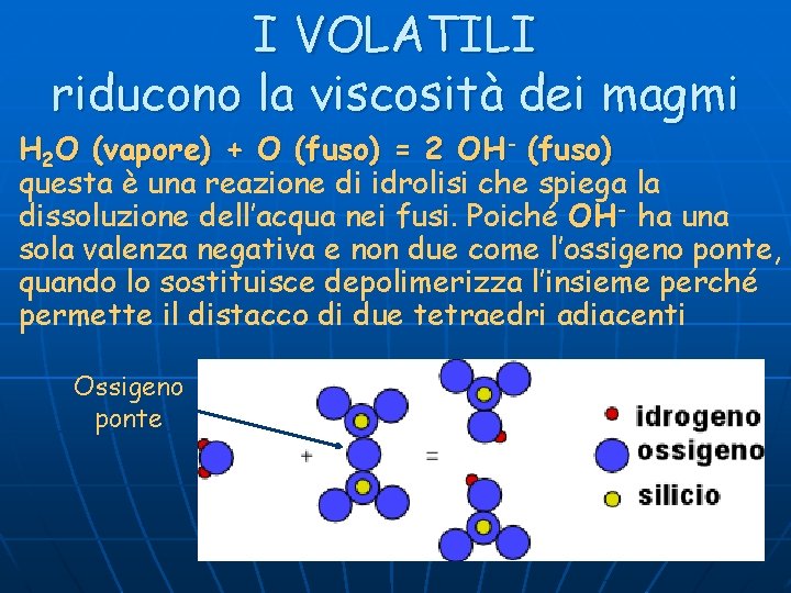 I VOLATILI riducono la viscosità dei magmi H 2 O (vapore) + O (fuso)