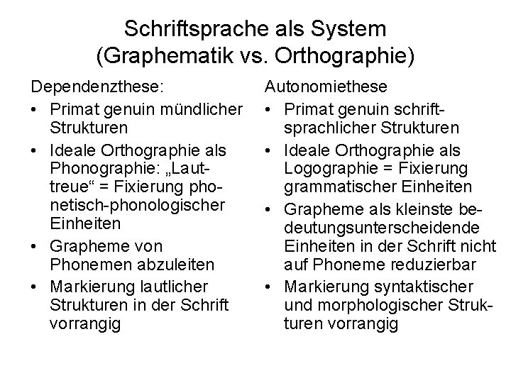 Schriftsprache als System (Graphematik vs. Orthographie) Dependenzthese: • Primat genuin mündlicher Strukturen • Ideale