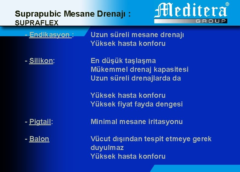 Suprapubic Mesane Drenajı : SUPRAFLEX - Endikasyon : Uzun süreli mesane drenajı Yüksek hasta