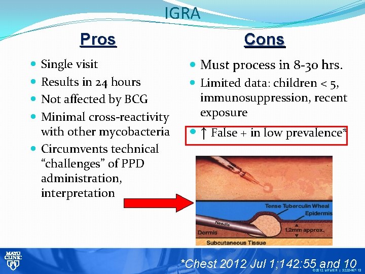 IGRA Pros Cons Single visit Results in 24 hours Not affected by BCG Minimal