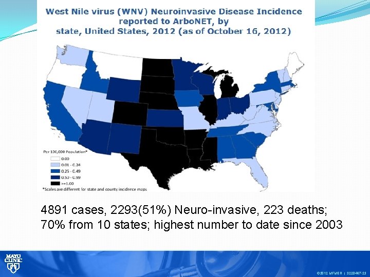 4891 cases, 2293(51%) Neuro-invasive, 223 deaths; 70% from 10 states; highest number to date