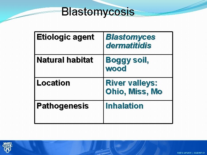 Blastomycosis Etiologic agent Blastomyces dermatitidis Natural habitat Boggy soil, wood Location River valleys: Ohio,