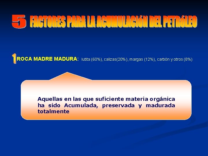 ROCA MADRE MADURA: lutita (60%), calizas(20%), margas (12%), carbón y otros (8%) Aquellas en ROCA MADRE MADURA: lutita (60%), calizas(20%), margas (12%), carbón y otros (8%) Aquellas en