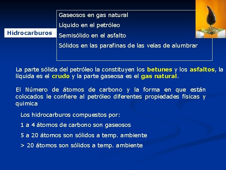 Gaseosos en gas natural Líquido en el petróleo Hidrocarburos Semisólido en el asfalto Sólidos Gaseosos en gas natural Líquido en el petróleo Hidrocarburos Semisólido en el asfalto Sólidos
