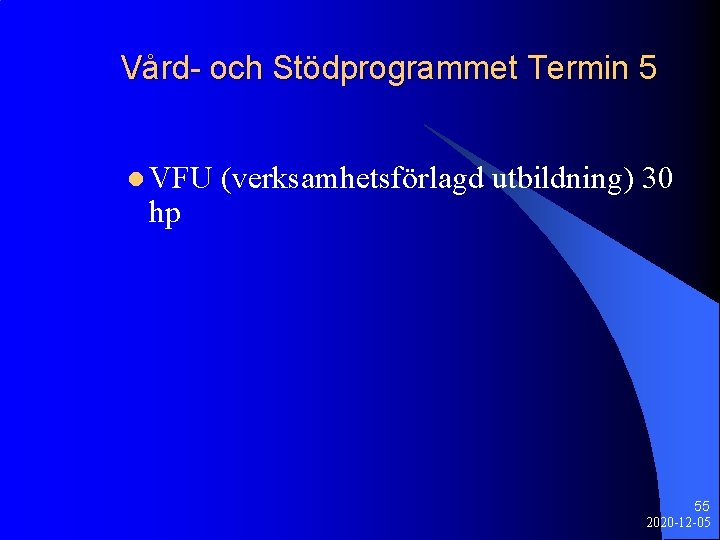 Vård- och Stödprogrammet Termin 5 l VFU hp (verksamhetsförlagd utbildning) 30 55 2020 -12