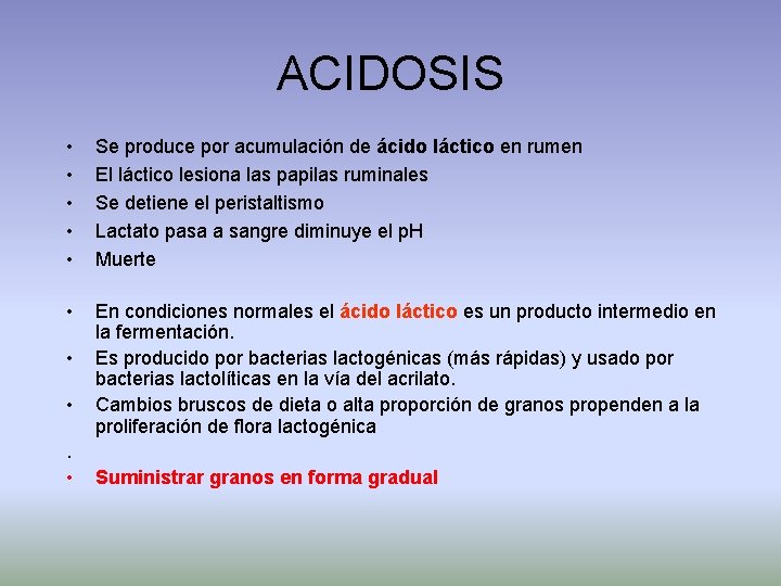 ACIDOSIS • • • Se produce por acumulación de ácido láctico en rumen El