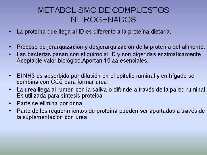 METABOLISMO DE COMPUESTOS NITROGENADOS • La proteína que llega al ID es diferente a