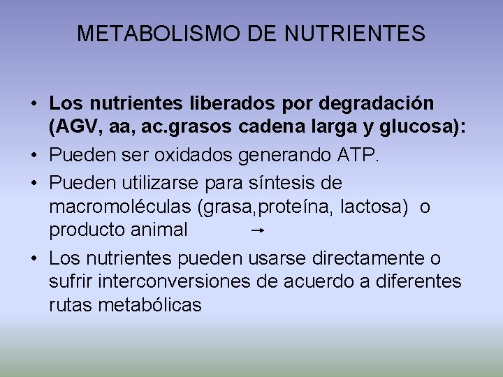 METABOLISMO DE NUTRIENTES • Los nutrientes liberados por degradación (AGV, aa, ac. grasos cadena