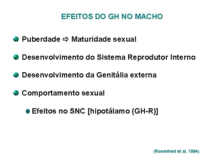 EFEITOS DO GH NO MACHO Puberdade Maturidade sexual Desenvolvimento do Sistema Reprodutor Interno Desenvolvimento