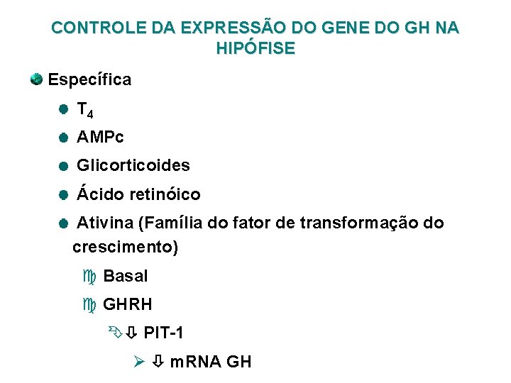 CONTROLE DA EXPRESSÃO DO GENE DO GH NA HIPÓFISE Específica T 4 AMPc Glicorticoides