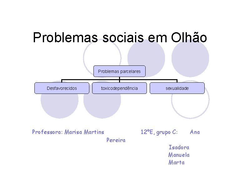 Problemas sociais em Olhão Problemas parcelares Desfavorecidos toxicodependência Professora: Marisa Martins sexualidade 12ºE, grupo