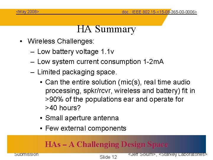 <May 2008> doc. : IEEE 802. 15 -<15 -08 -365 -00 -0006> HA Summary