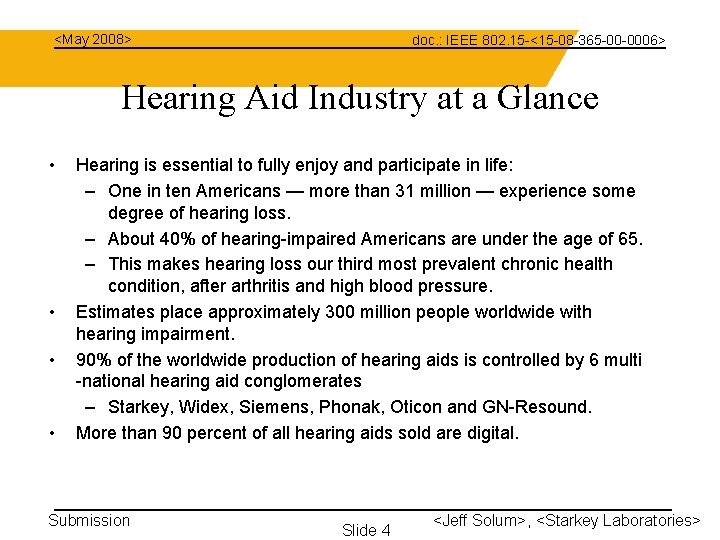 <May 2008> doc. : IEEE 802. 15 -<15 -08 -365 -00 -0006> Hearing Aid