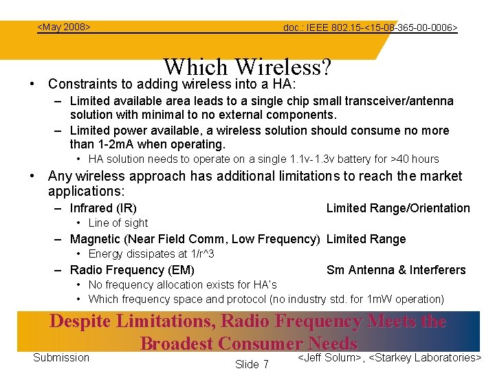 <May 2008> doc. : IEEE 802. 15 -<15 -08 -365 -00 -0006> Which Wireless?