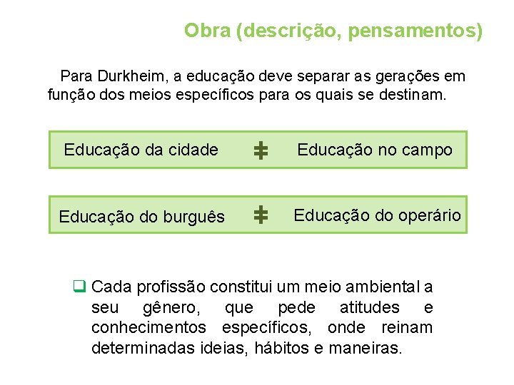 Obra (descrição, pensamentos) Para Durkheim, a educação deve separar as gerações em função dos