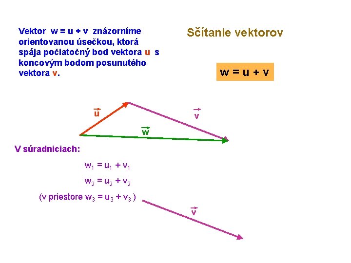 Vektor w = u + v znázorníme orientovanou úsečkou, ktorá spája počiatočný bod vektora