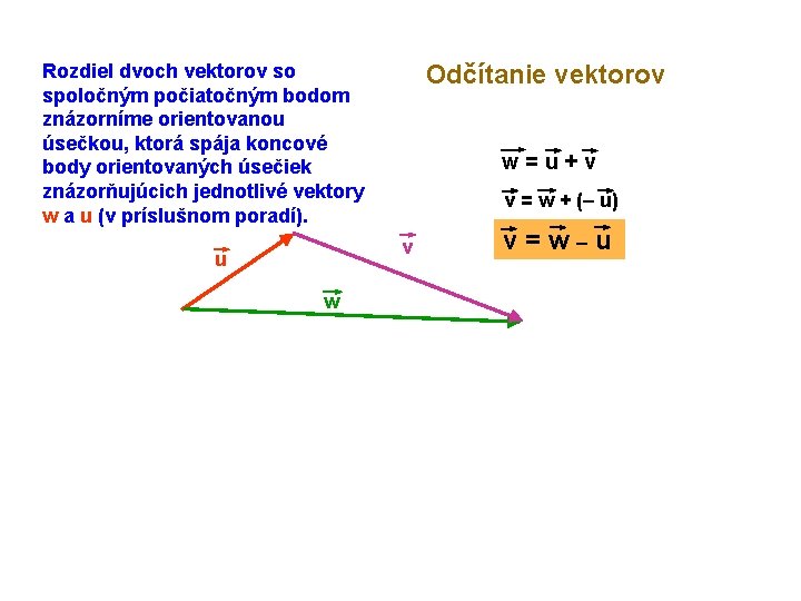 Rozdiel dvoch vektorov so spoločným počiatočným bodom znázorníme orientovanou úsečkou, ktorá spája koncové body